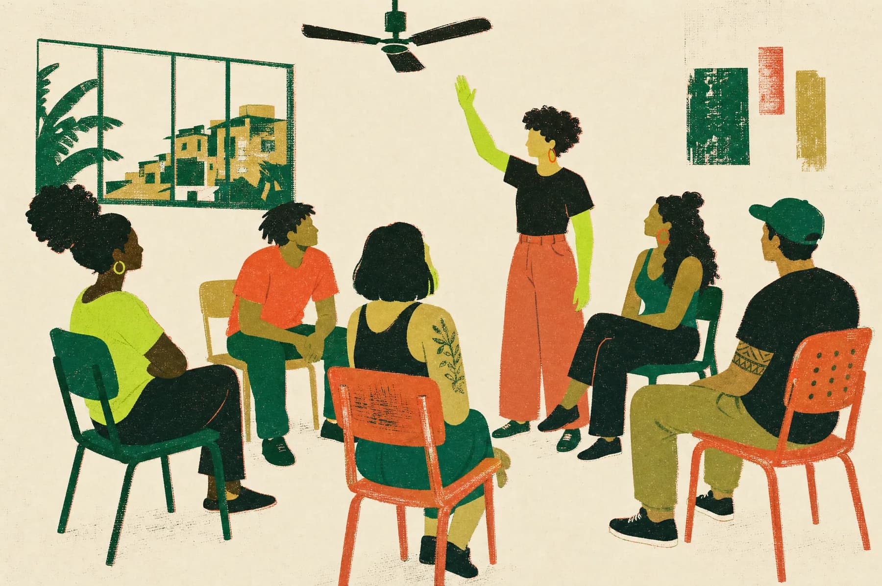 Ilustração: roda de deliberação juvenil em salão comunitário; um jovem de pé pede a palavra com o braço erguido