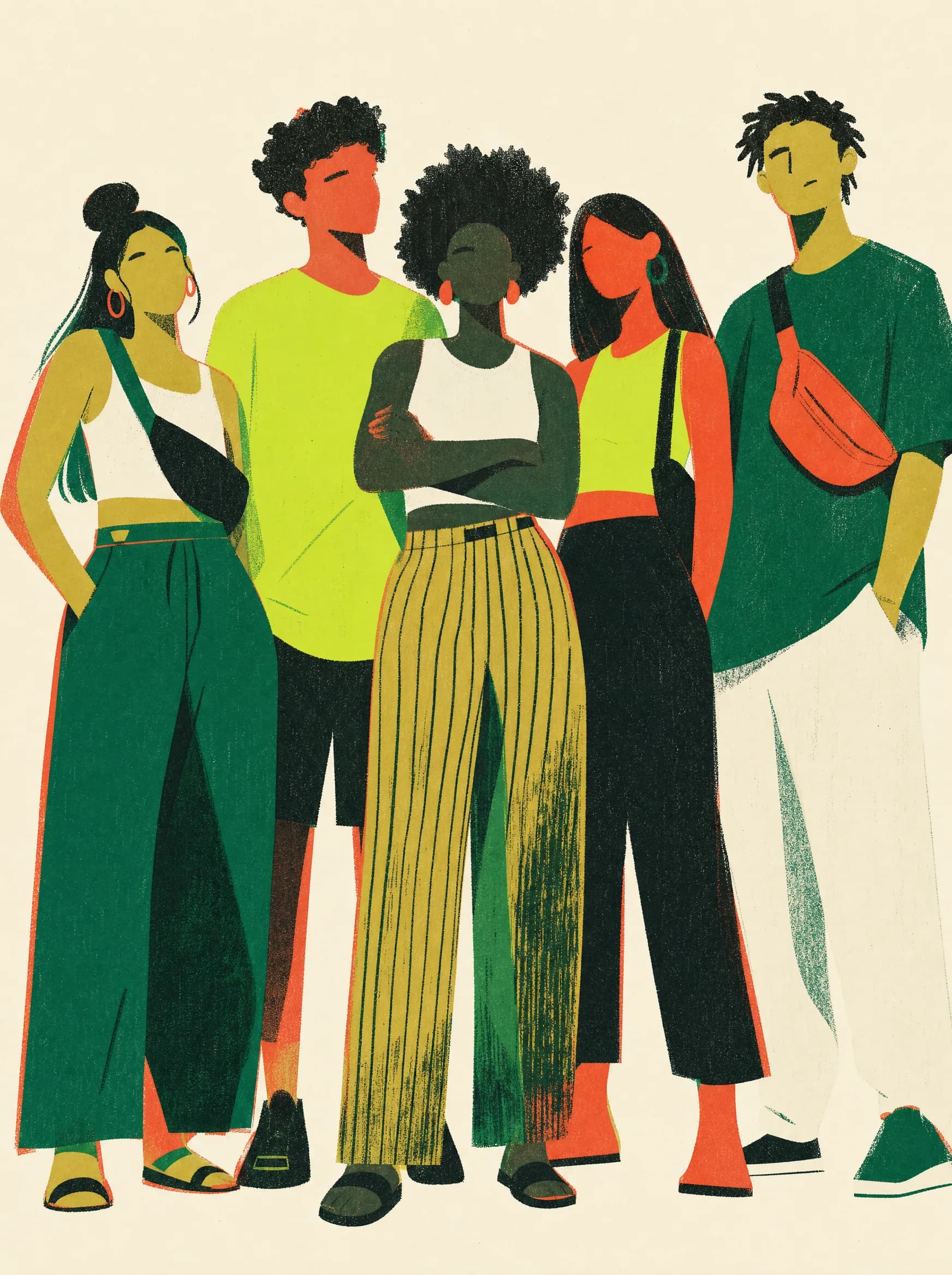 Ilustração: cinco jovens lado a lado, silhuetas distintas se sobrepondo em retrato coletivo afirmativo