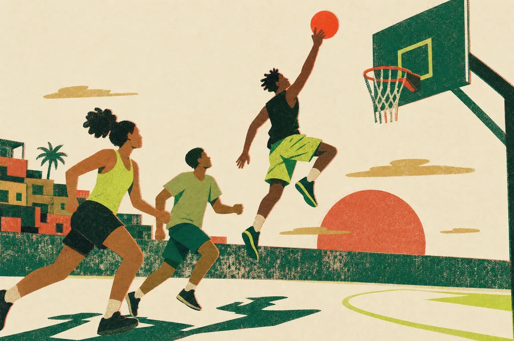 Ilustração: três jovens em movimento numa quadra pública ao entardecer; um salta em direção à cesta