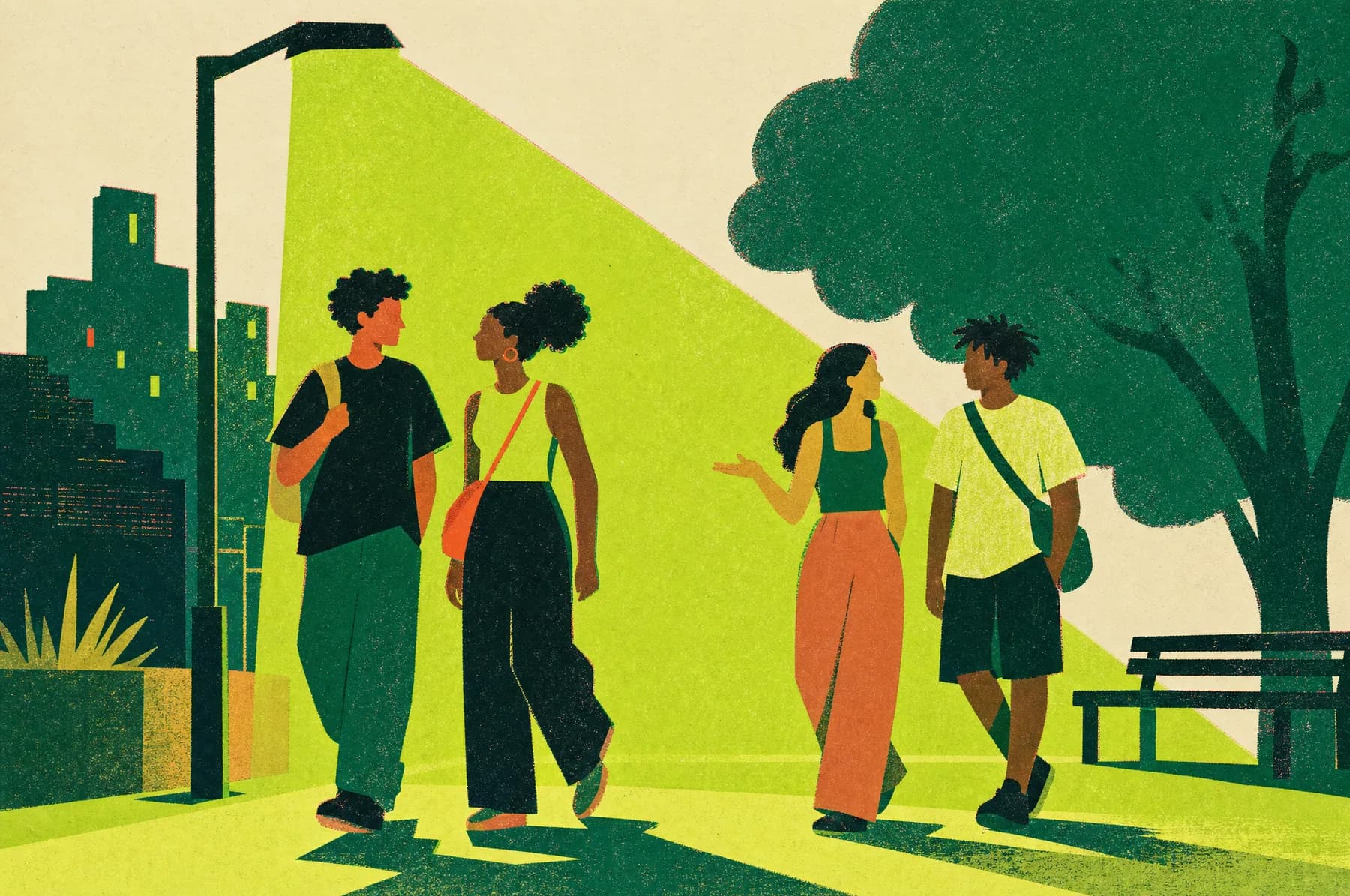 Ilustração: quatro jovens caminham em pares por uma praça viva ao anoitecer, sob o facho de um poste de luz