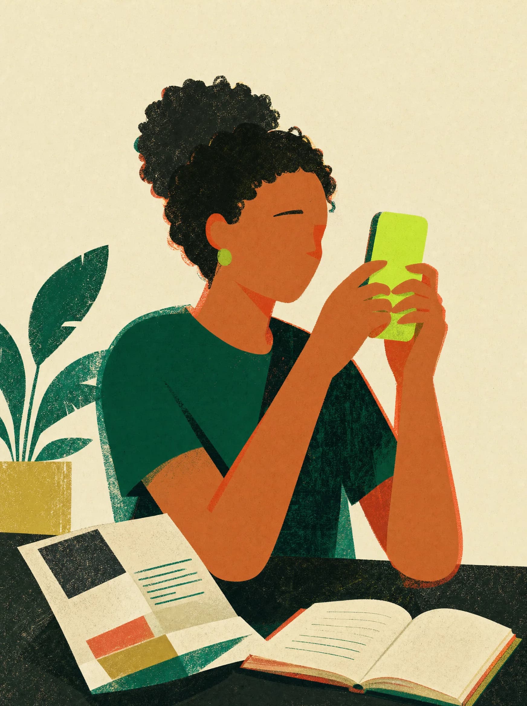 Ilustração no estilo do Pacto: jovem ergue o celular com a tela acesa ao lado de um documento impresso e um caderno aberto — do papel para o digital