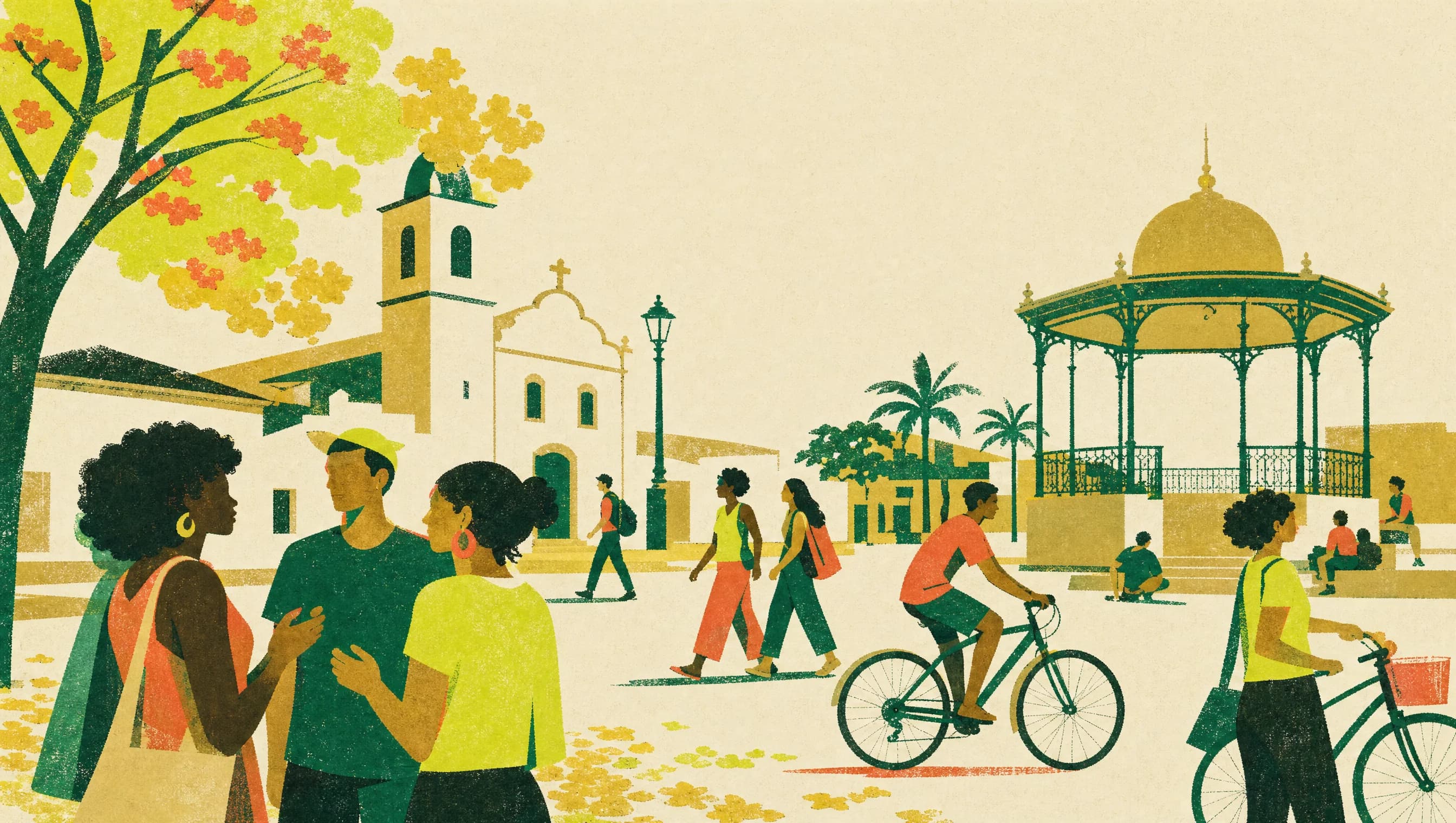 Ilustração no estilo do Pacto: jovens diversos numa praça brasileira com igreja, coreto e ipê florido, caminhando e pedalando