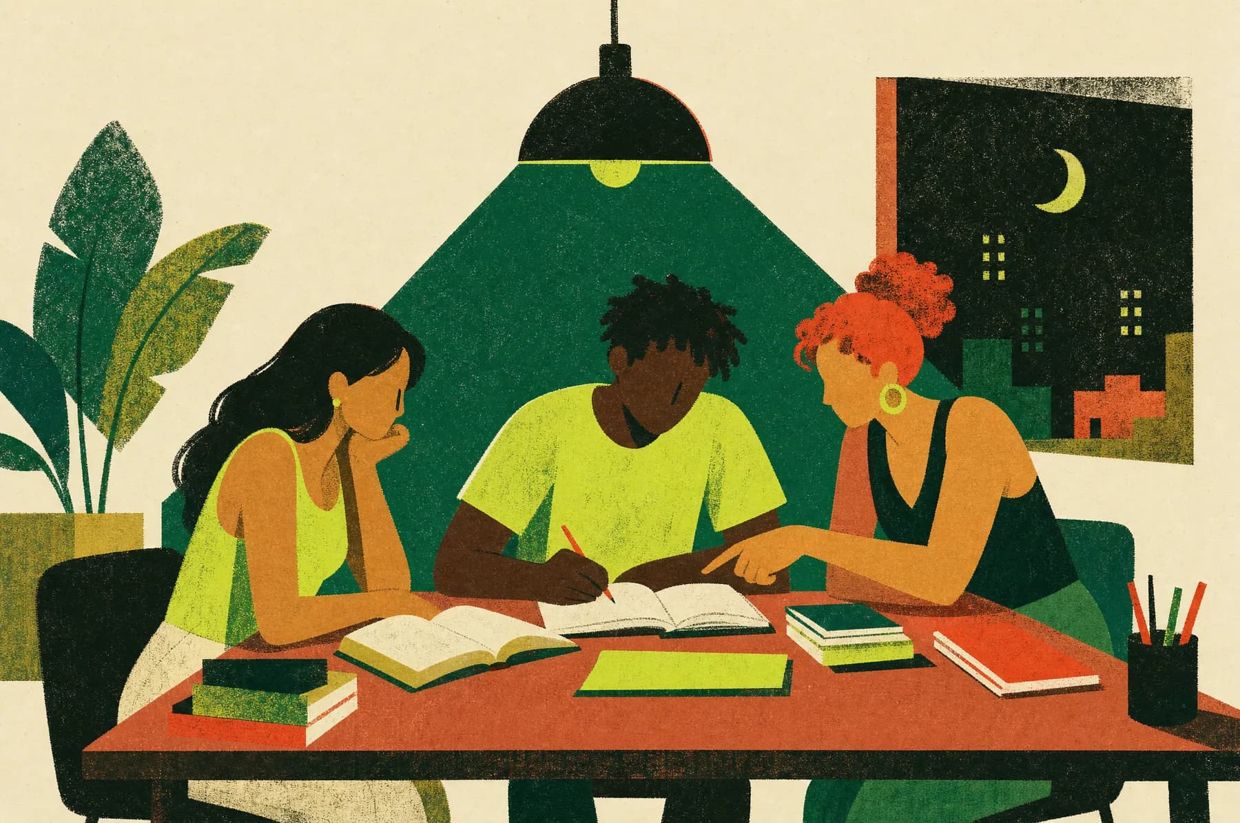 Ilustração: três jovens estudam juntos à noite numa mesa comum, sob o cone de luz de uma luminária
