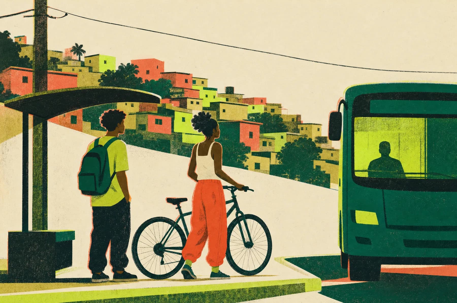 Ilustração: dois jovens esperam no ponto enquanto o ônibus chega; casario em camadas ao fundo