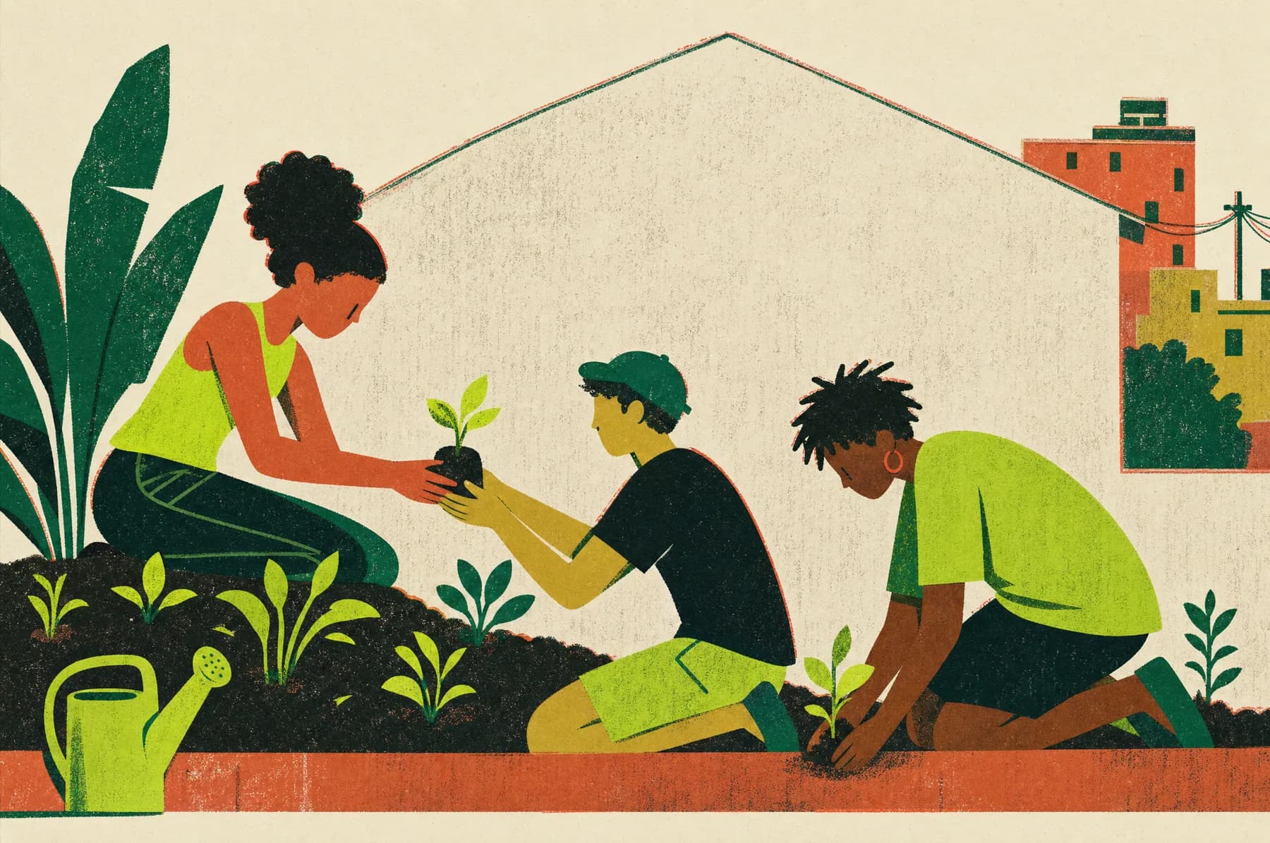Ilustração: três jovens plantam mudas num canteiro urbano, passando os brotos de mão em mão