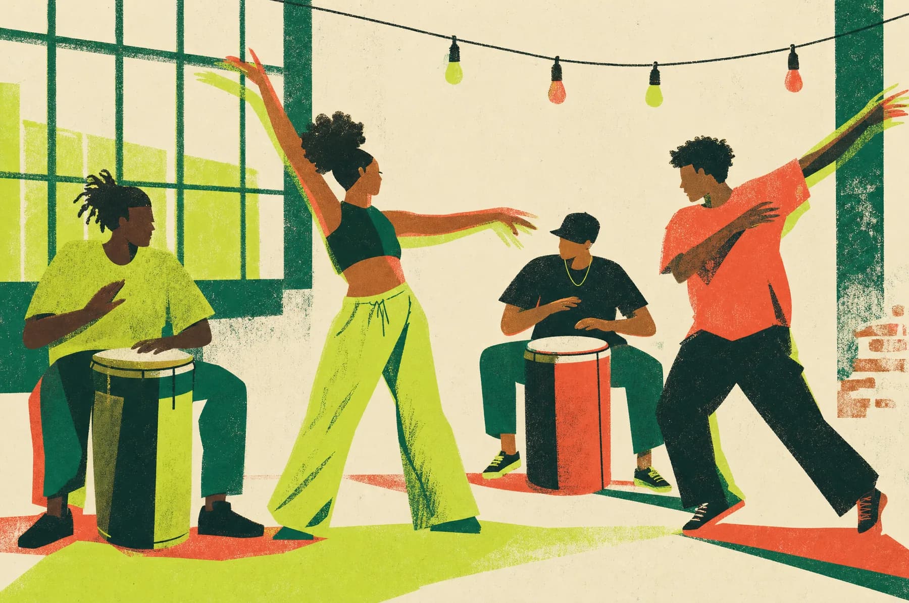 Ilustração: ensaio de percussão e dança — dois tambores e duas dançarinas no ápice do movimento